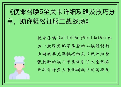 《使命召唤5全关卡详细攻略及技巧分享，助你轻松征服二战战场》